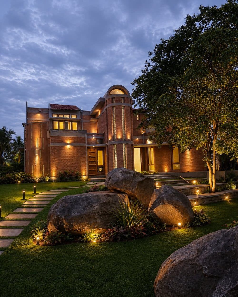 Bevu Social Farmstay — handcrafted brick home glowing at dusk among rocks and trees